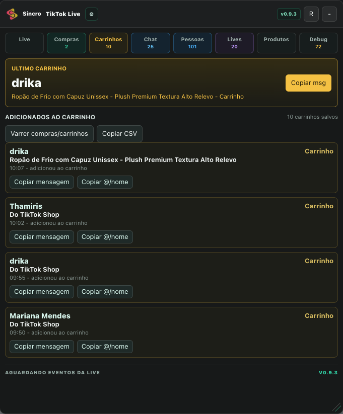 Painel Sincro com lista de carrinhos e último carrinho