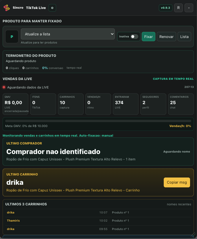 Painel Sincro TikTok Live com produto fixado e métricas da live